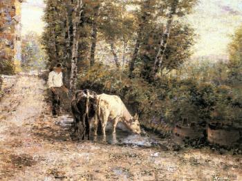 Eugenio Zampighi : Cows Watering at a Quiet Pool
